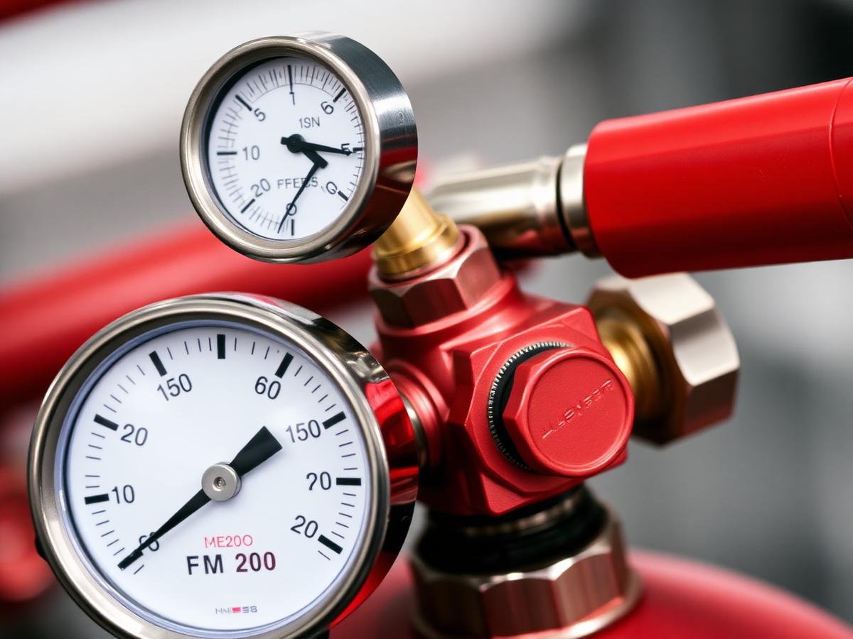 Close-up tabung FM200 dengan pressure gauge dan valve